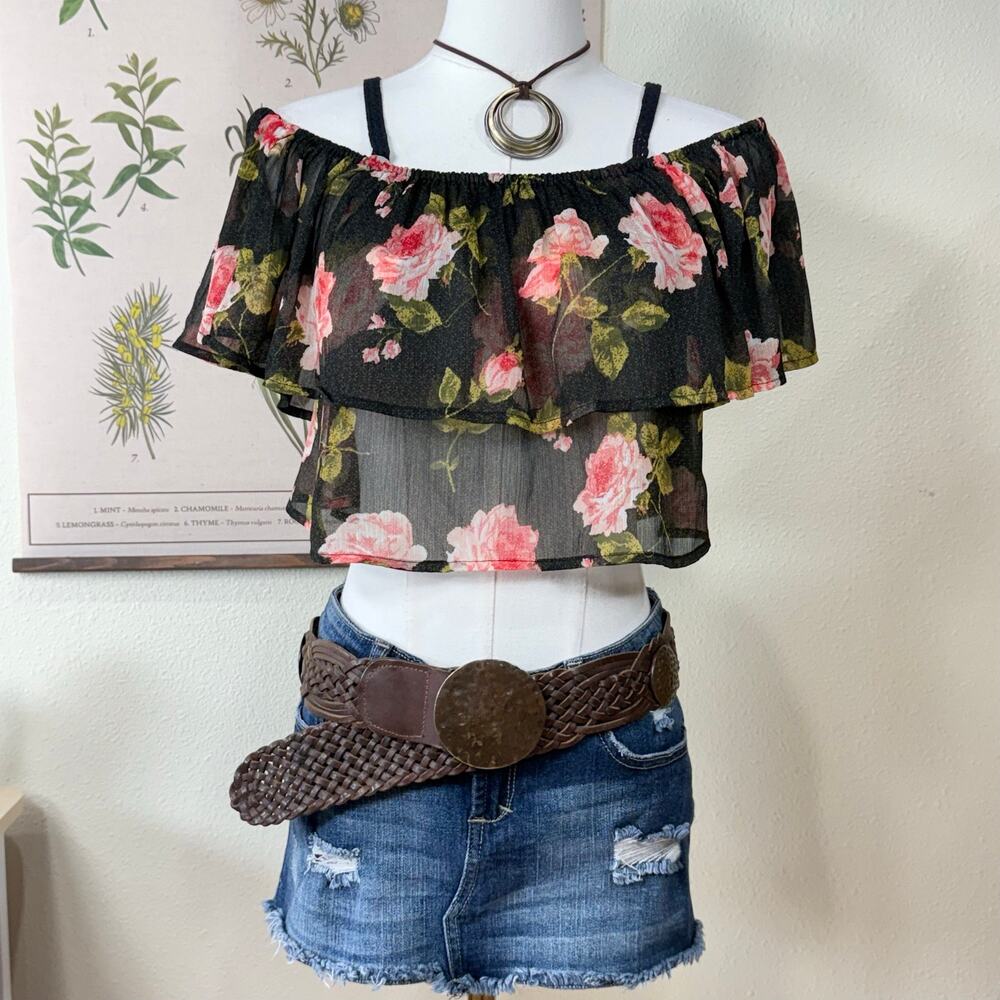 Y2k Sheer Floral Ruffle Off Shoulder Crop Top Himekaji Fairy Romantic Sexy S